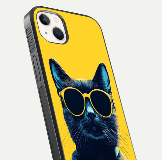 Cool Cat Vibes iPhone 14 Plus glass phone case angled back view highlighting cat artwork and textured side grip