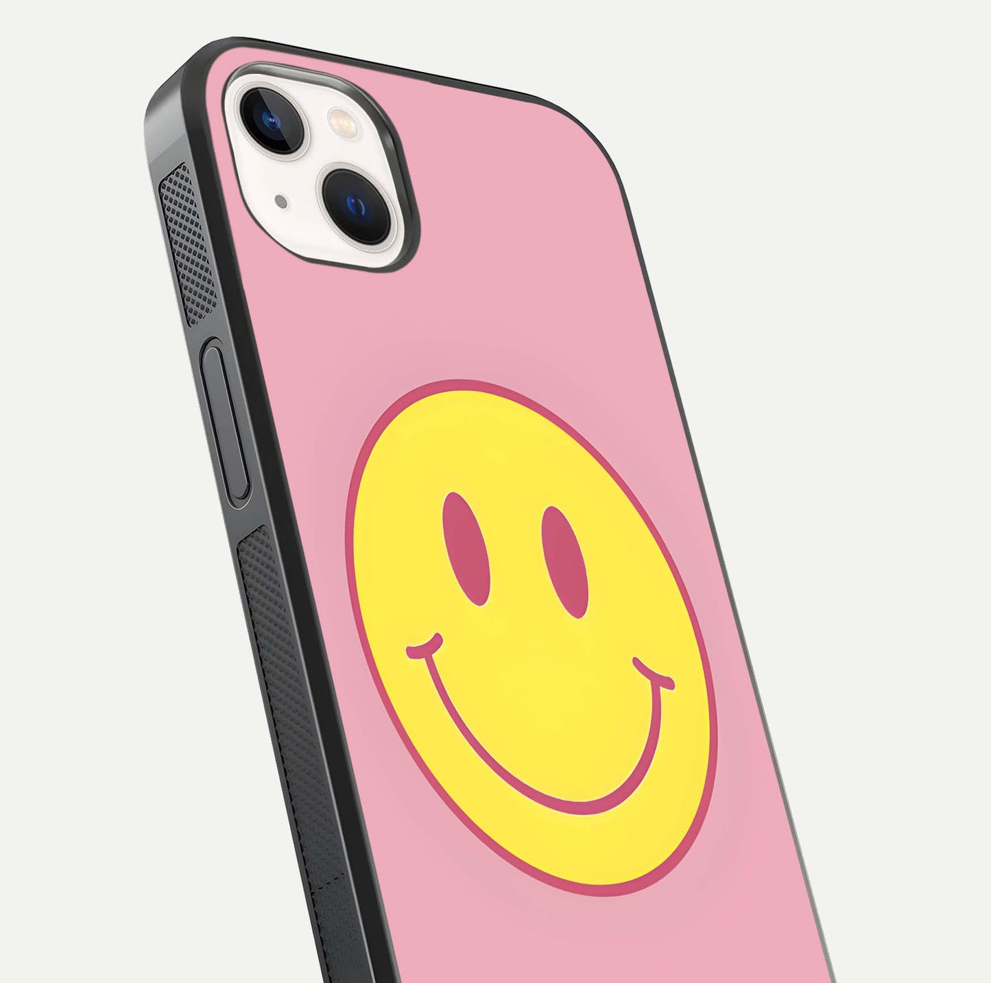 Happy Pink Mood iPhone 14 Plus glass phone case angled back view highlighting bright pink artwork and side grip texture
