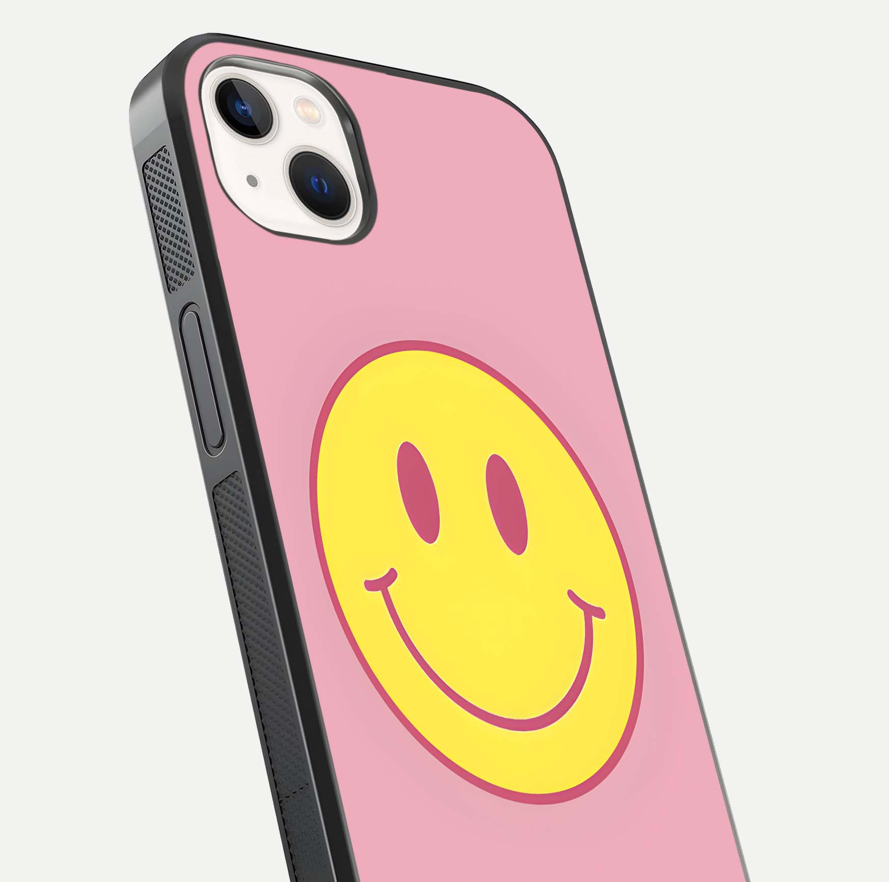 Happy Pink Mood iPhone 14 Plus glass phone case angled back view highlighting bright pink artwork and side grip texture
