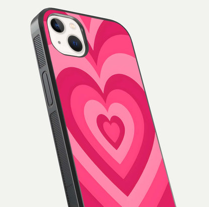 Layered Love Hearts iPhone 14 Plus glass phone case angled back view highlighting heart artwork and textured grip edges