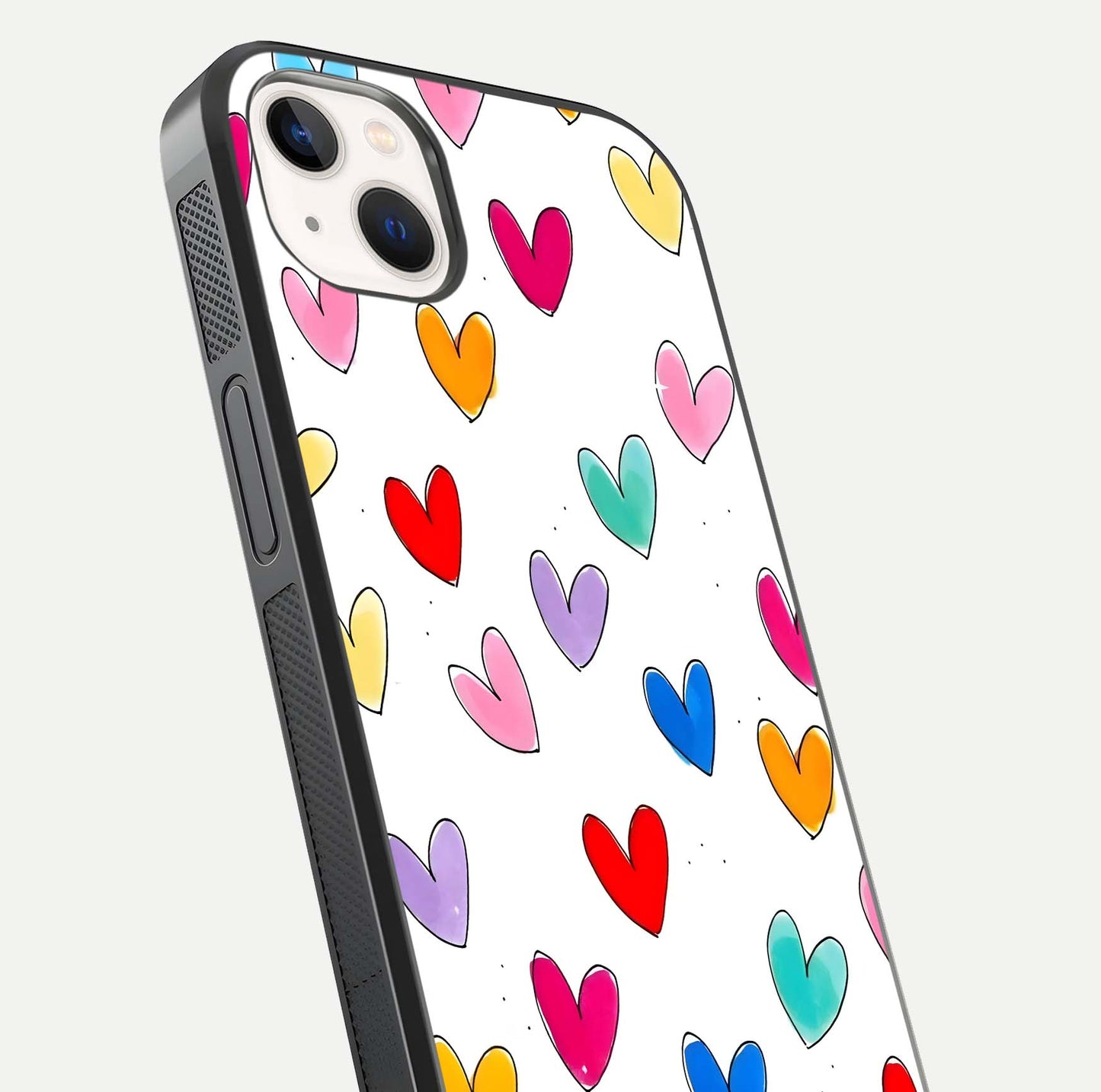 Playful Love Doodles iPhone 14 Plus glass phone case angled back view highlighting doodle artwork and textured grip edges