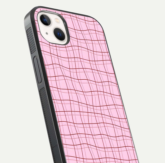 Soft Grid Bliss iPhone 14 Plus glass phone case angled back view highlighting grid artwork and side grip texture