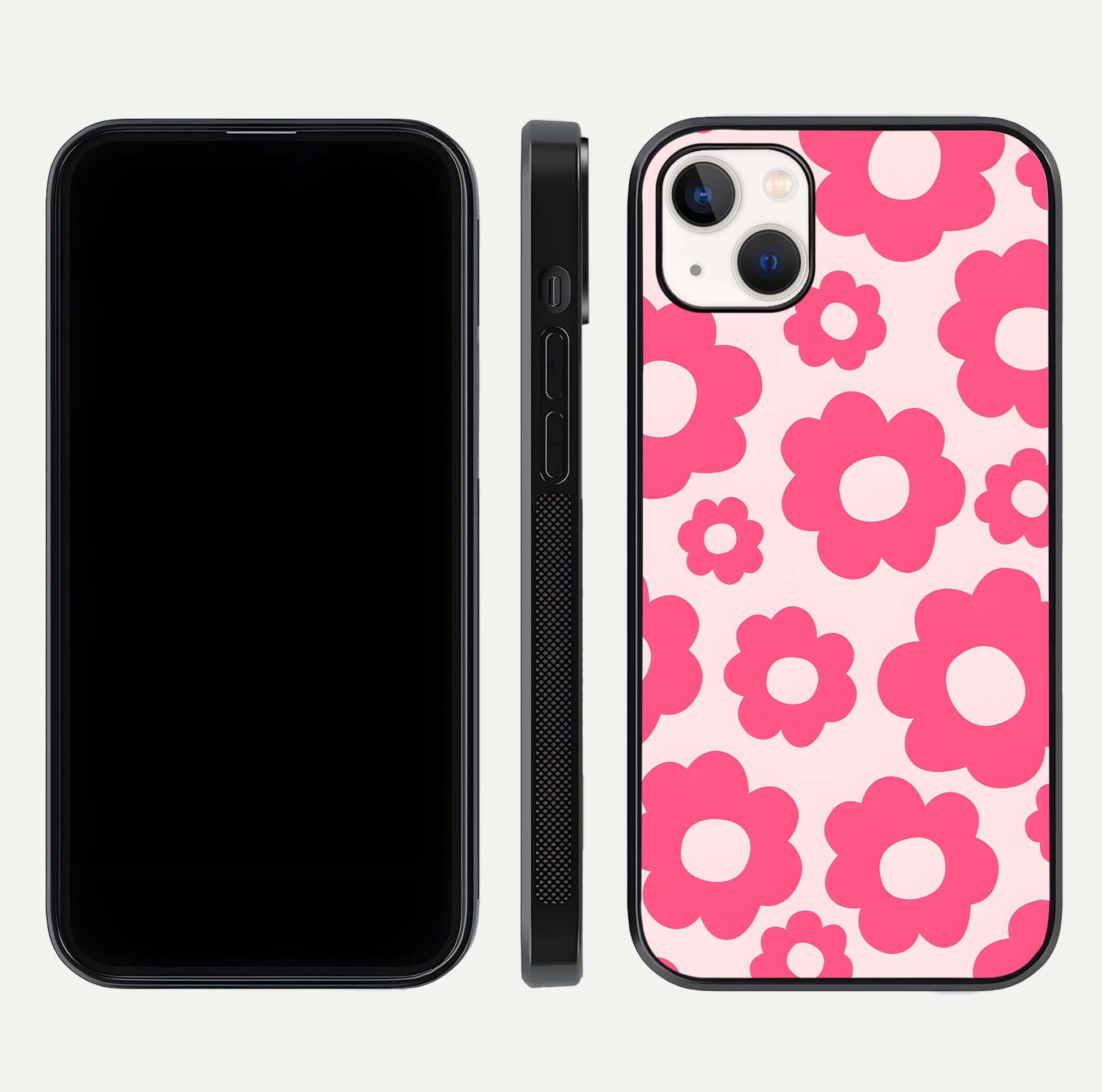 Blush Flower Pop iPhone 14 Plus glass phone case front and side layout view showing slim profile and full floral coverage