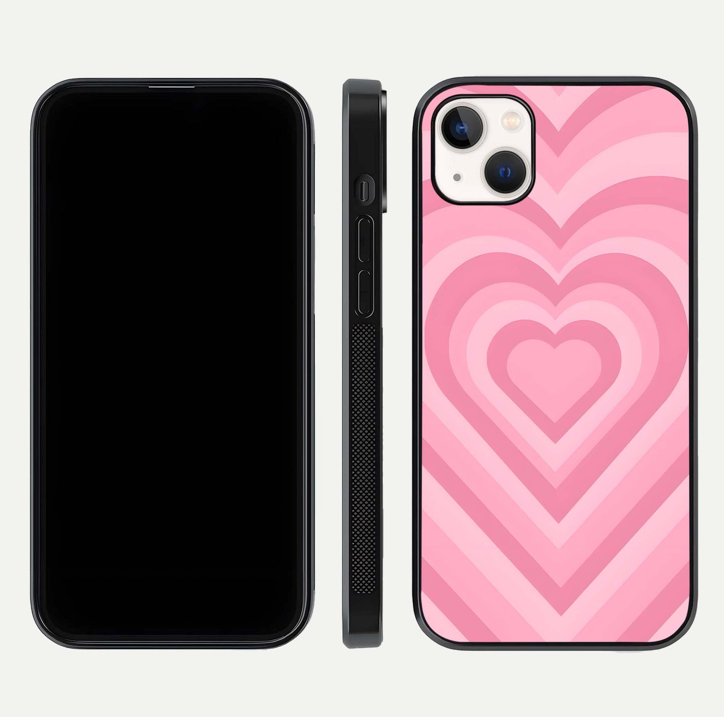 Blush Heart Waves iPhone 14 Plus glass phone case front and side layout view displaying slim frame and full heart pattern