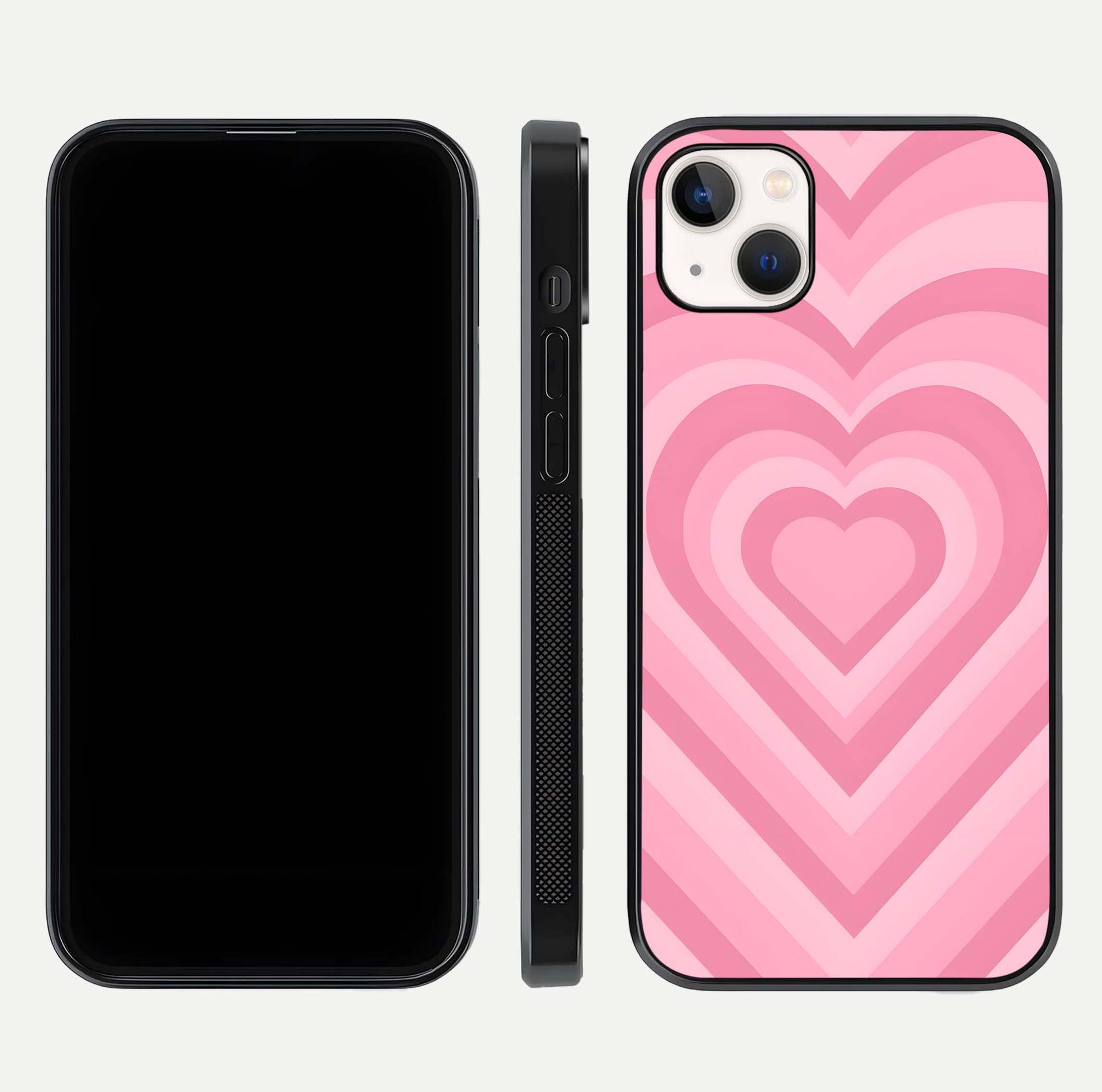 Blush Heart Waves iPhone 14 Plus glass phone case front and side layout view displaying slim frame and full heart pattern