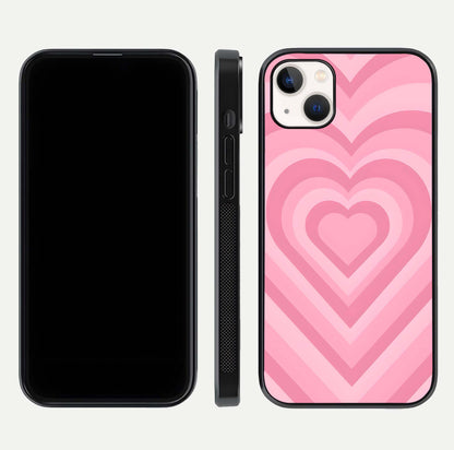 Blush Heart Waves iPhone 14 Plus glass phone case front and side layout view displaying slim frame and full heart pattern