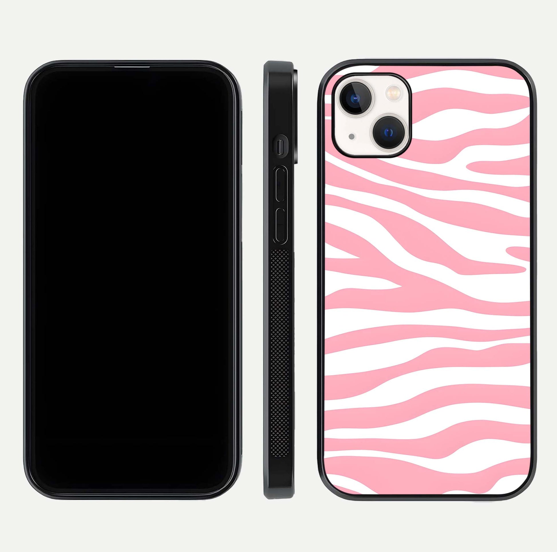 Blush Zebra Flow iPhone 14 Plus glass phone case front and side layout view showing slim build and flowing pattern coverage