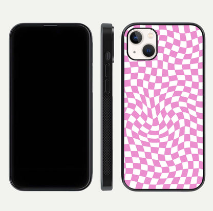 Bubblegum Check Wave iPhone 14 Plus glass phone case front and side layout view displaying slim profile and full pattern coverage