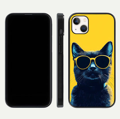 Cool Cat Vibes iPhone 14 Plus glass phone case front and side layout view showing slim frame and full design coverage