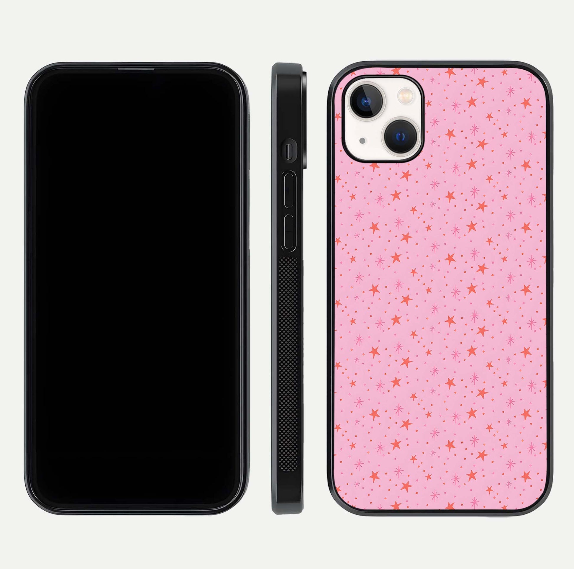 Cosmic Pink Sparkle iPhone 14 Plus glass phone case front and side layout view displaying slim profile and full cosmic coverage