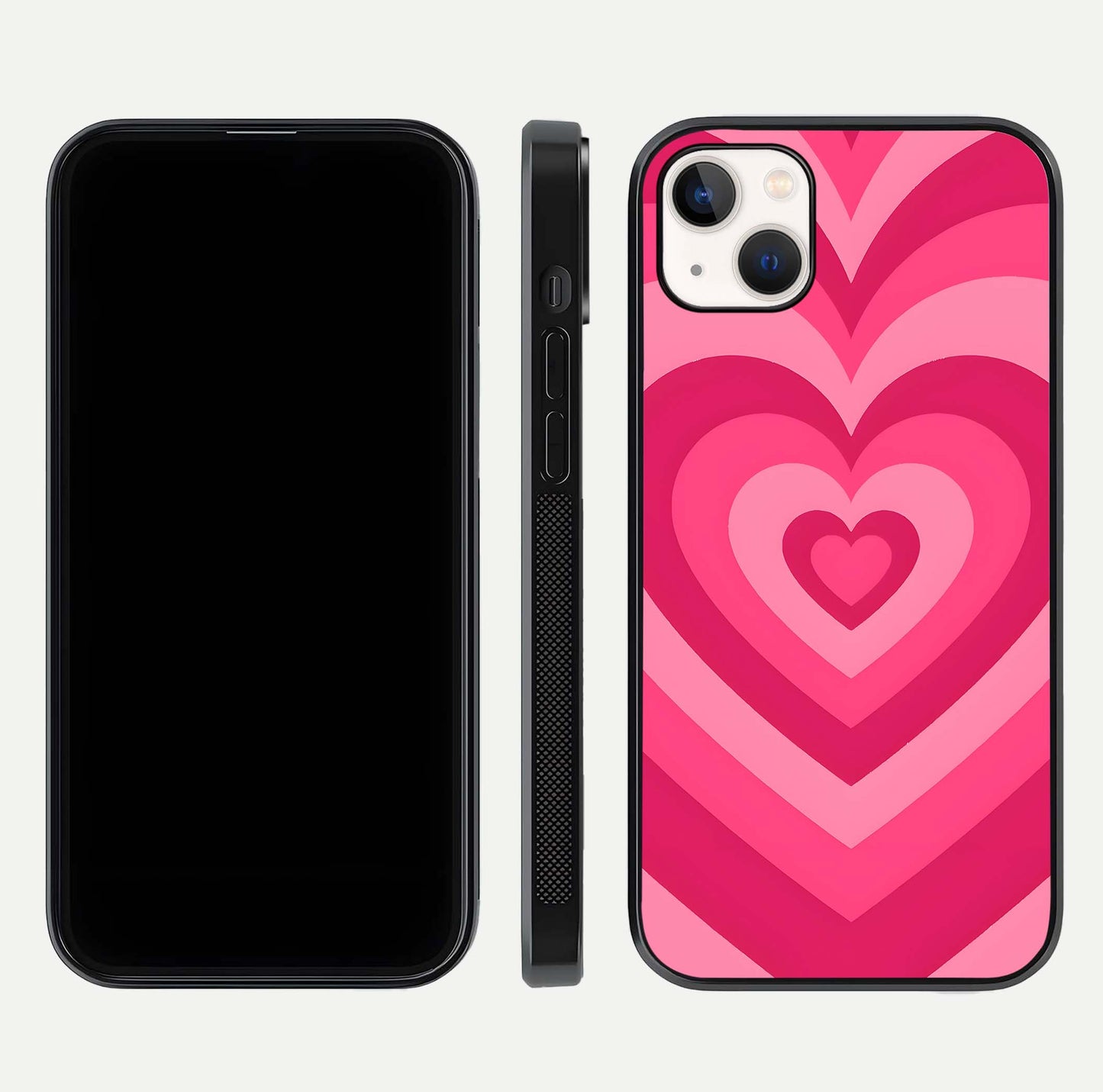 Layered Love Hearts iPhone 14 Plus glass phone case front and side layout view displaying slim profile and full heart design