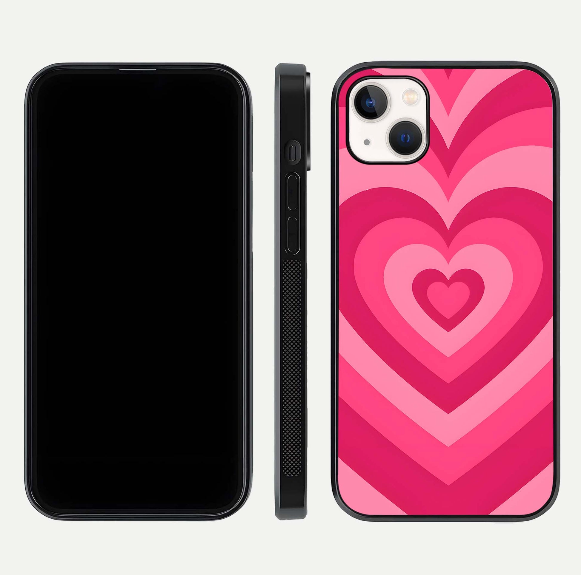 Layered Love Hearts iPhone 14 Plus glass phone case front and side layout view displaying slim profile and full heart design