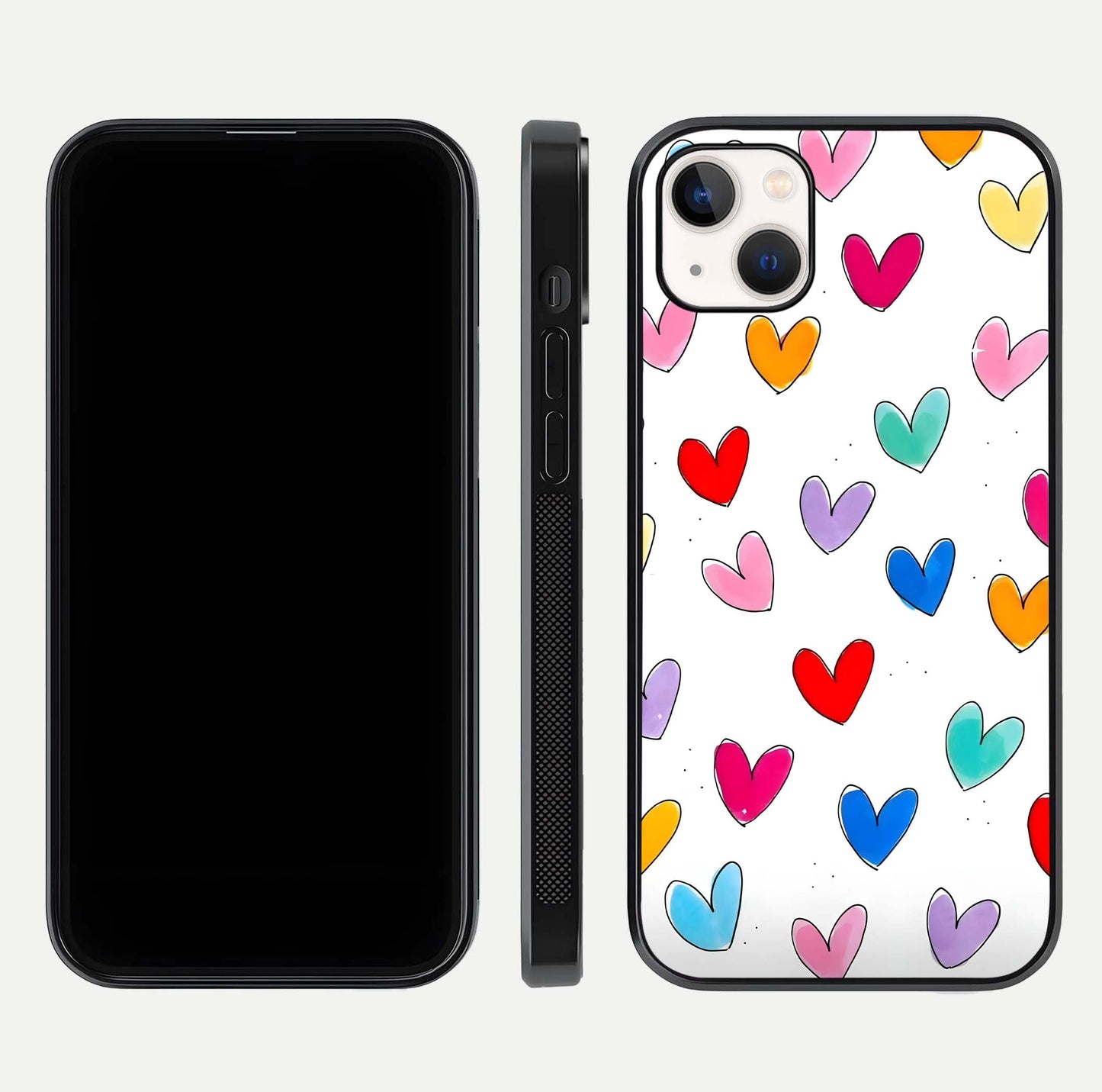 Playful Love Doodles iPhone 14 Plus glass phone case front and side layout view showing slim build and full doodle coverage