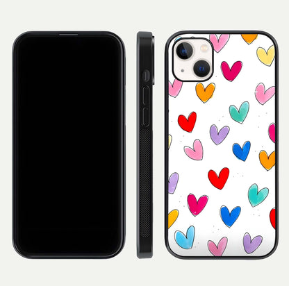 Playful Love Doodles iPhone 14 Plus glass phone case front and side layout view showing slim build and full doodle coverage