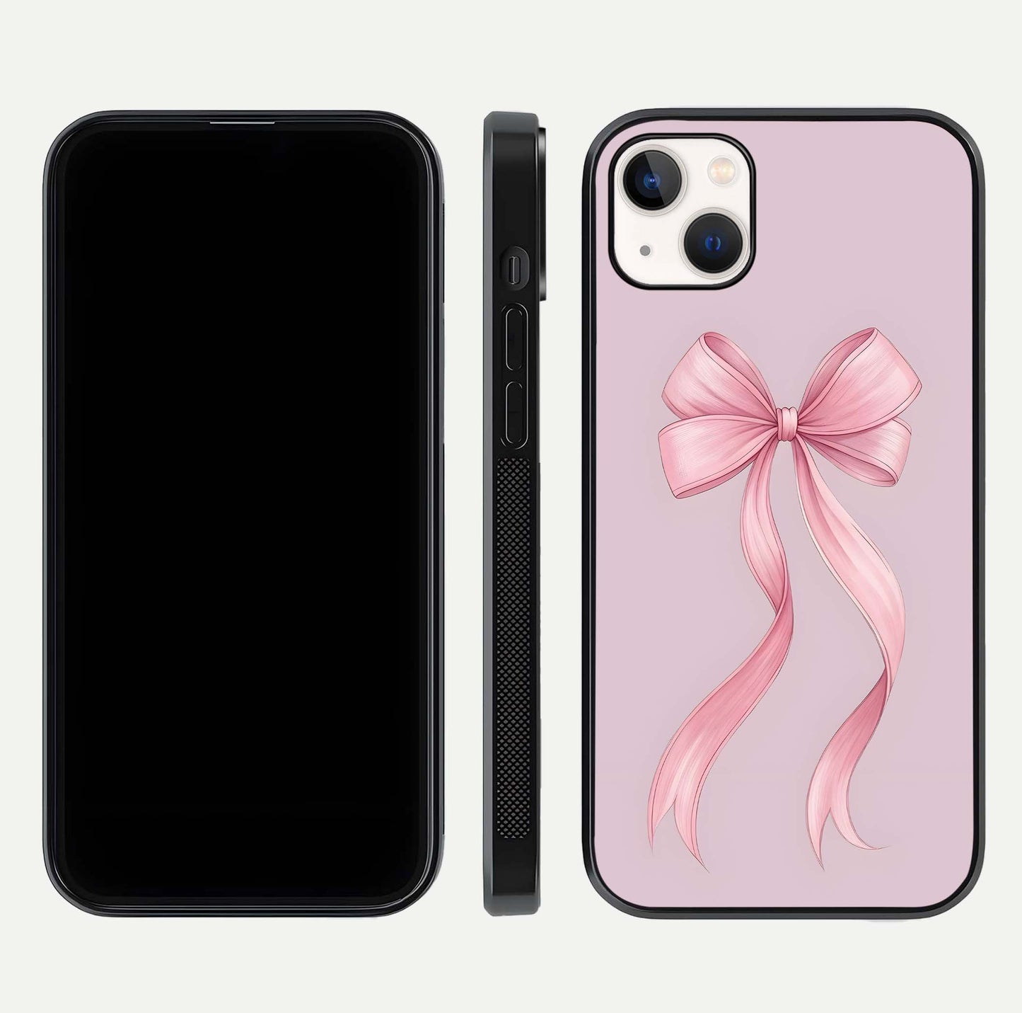 Soft Blush Bow iPhone 14 Plus glass phone case front and side layout view displaying slim profile and gentle aesthetic