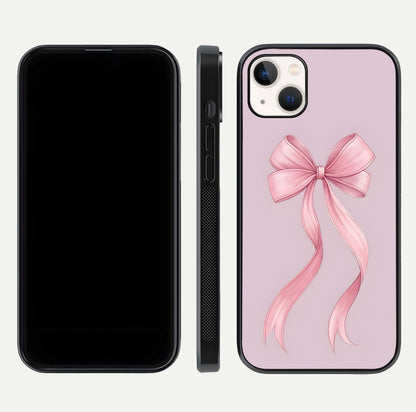 Soft Blush Bow iPhone 14 Plus glass phone case front and side layout view displaying slim profile and gentle aesthetic