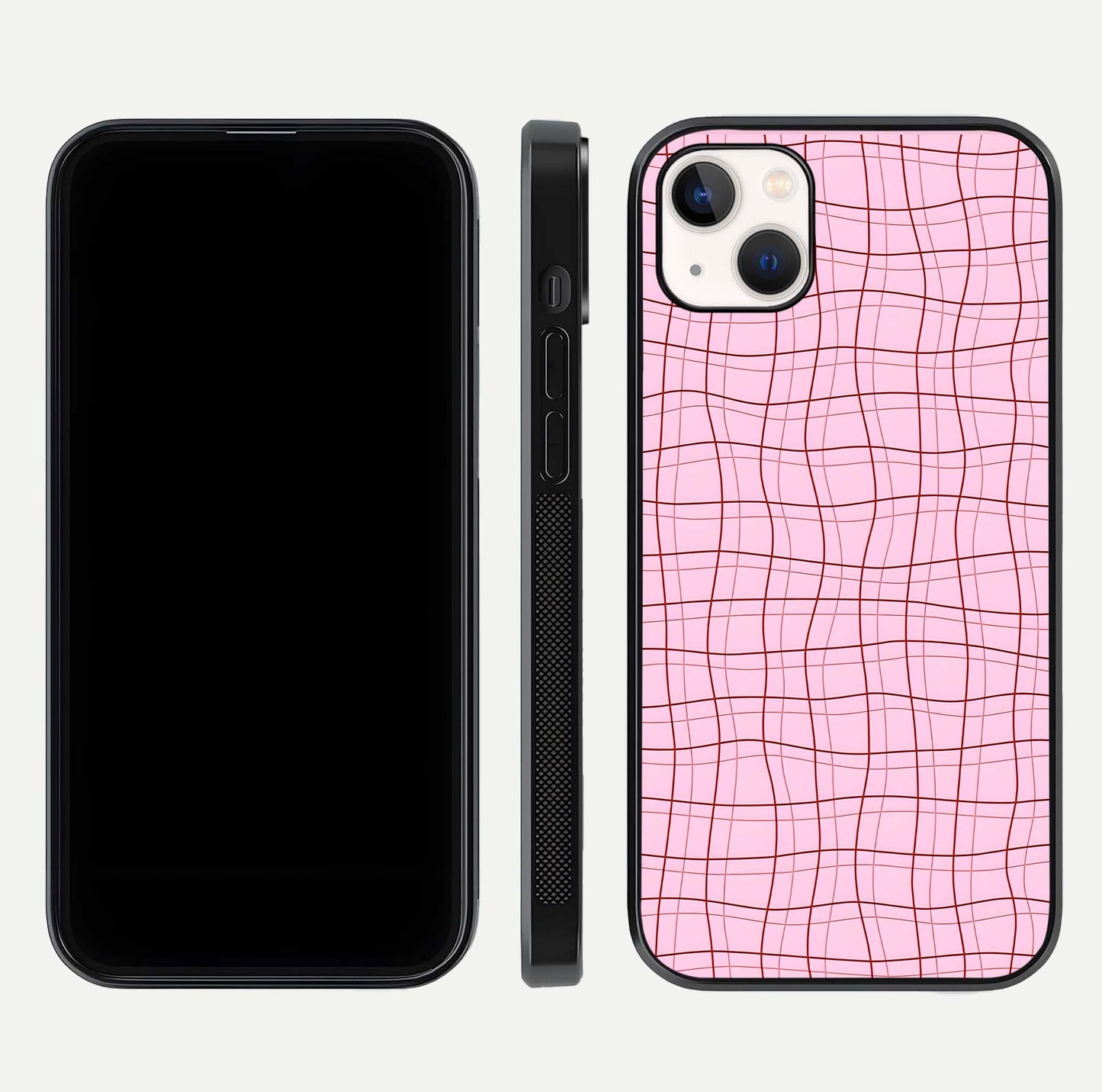 Soft Grid Bliss iPhone 14 Plus glass phone case front and side layout view displaying slim profile and clean design
