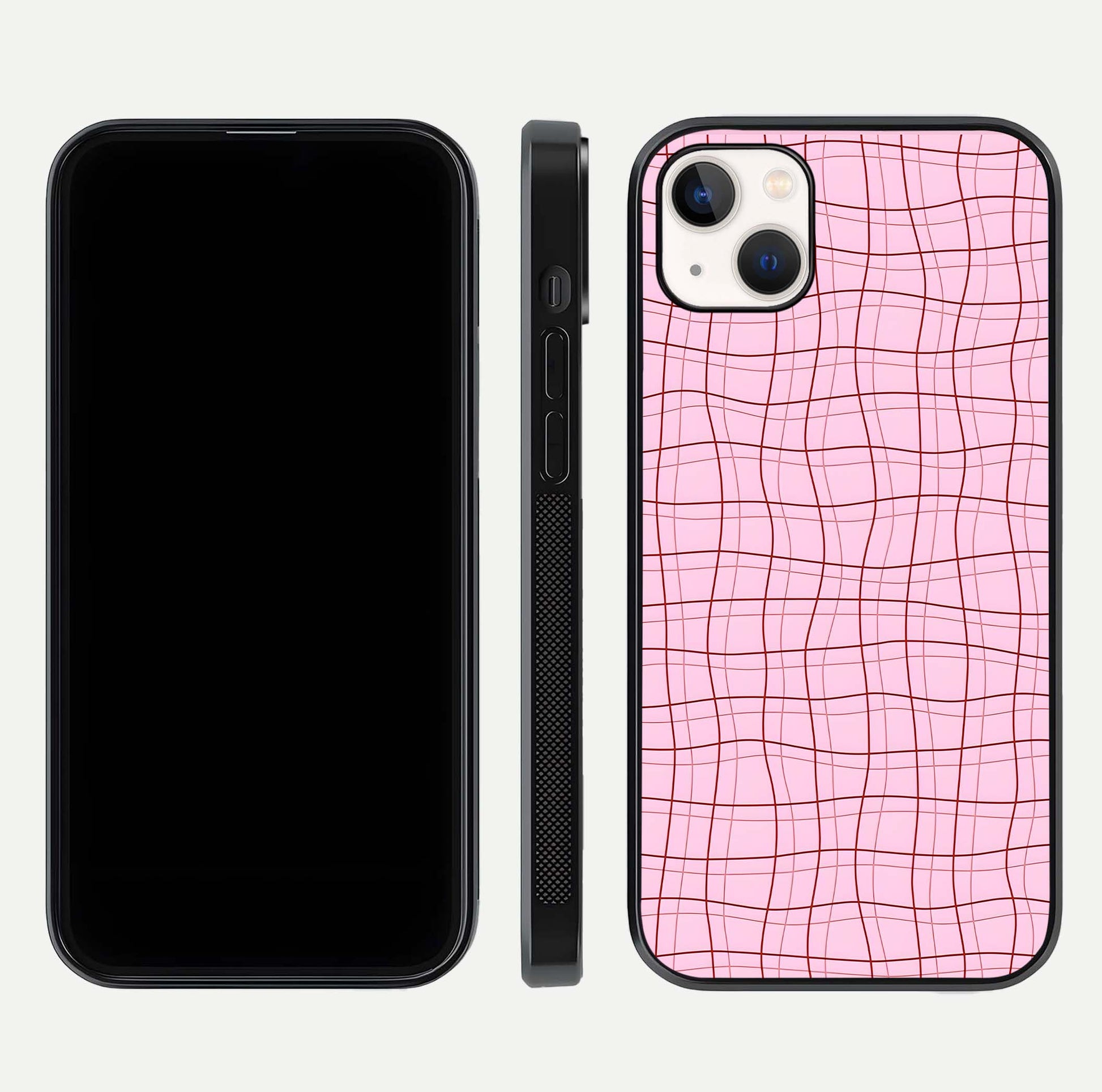 Soft Grid Bliss iPhone 14 Plus glass phone case front and side layout view displaying slim profile and clean design