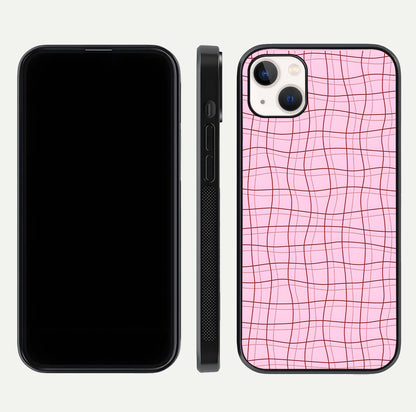 Soft Grid Bliss iPhone 14 Plus glass phone case front and side layout view displaying slim profile and clean design