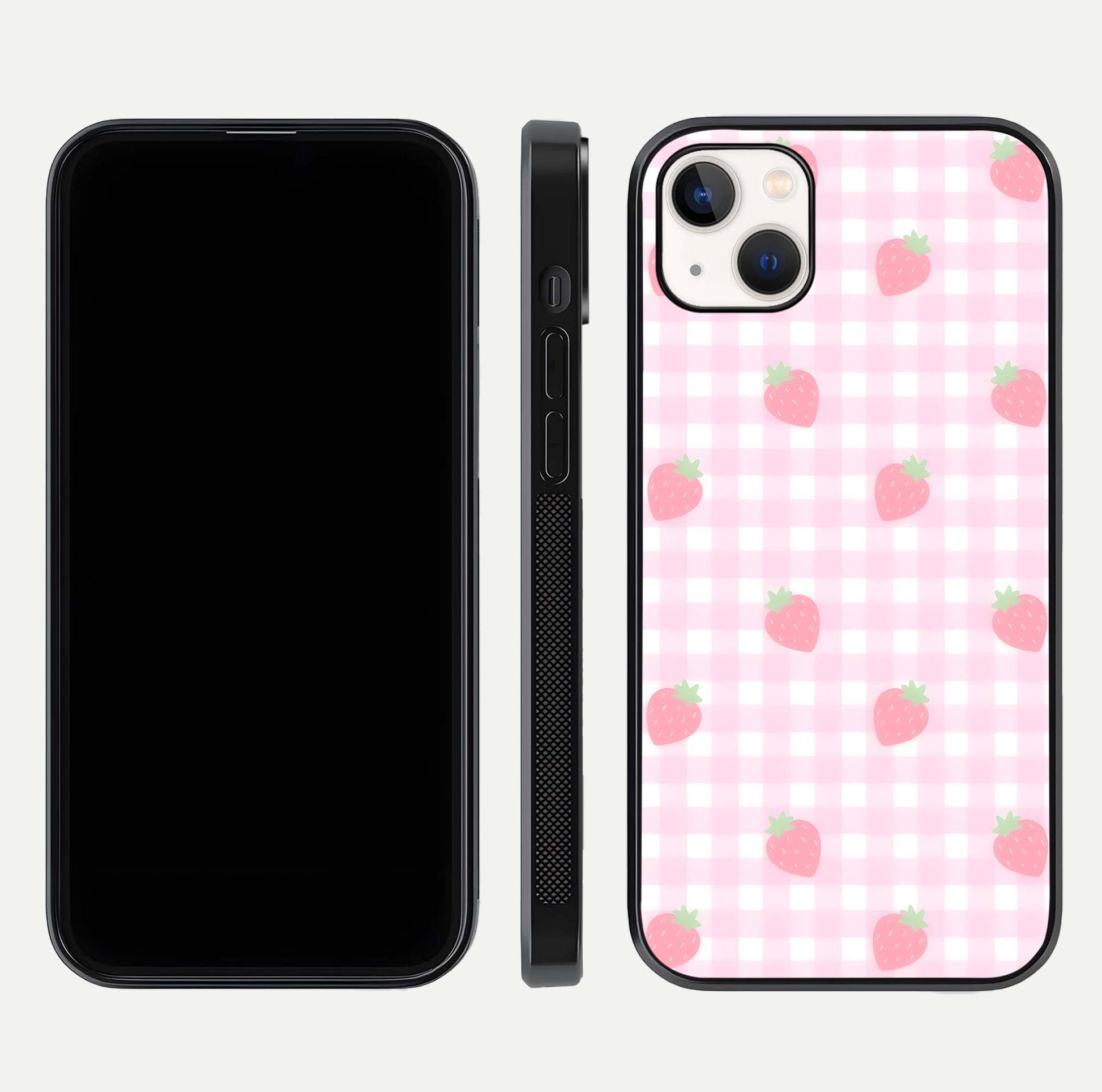 Strawberry Picnic Love iPhone 14 Plus glass phone case front and side layout view showing slim profile and full picnic design