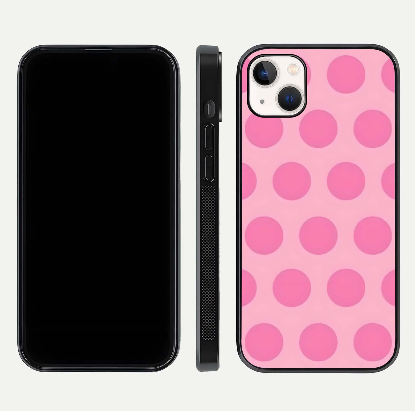 Sweet Dot Dreams iPhone 14 Plus glass phone case front and side layout view displaying slim build and full dot design