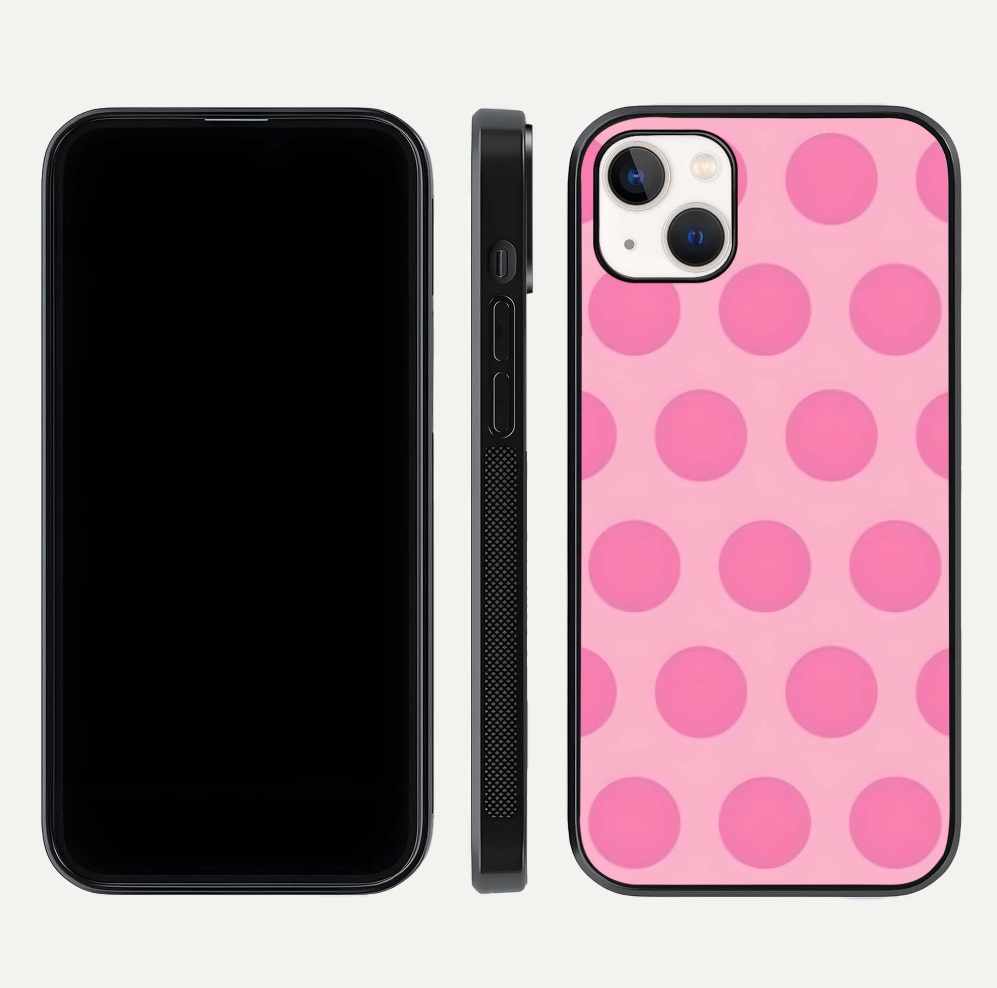 Sweet Dot Dreams iPhone 14 Plus glass phone case front and side layout view displaying slim build and full dot design