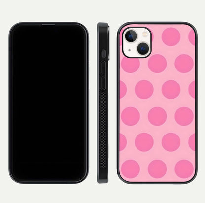 Sweet Dot Dreams iPhone 14 Plus glass phone case front and side layout view displaying slim build and full dot design