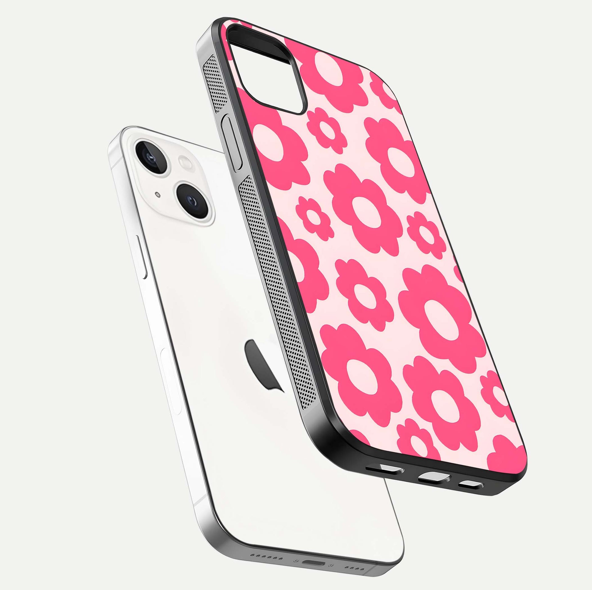 Blush Flower Pop iPhone 14 Plus glass phone case floating view emphasizing premium build and vibrant flower artwork