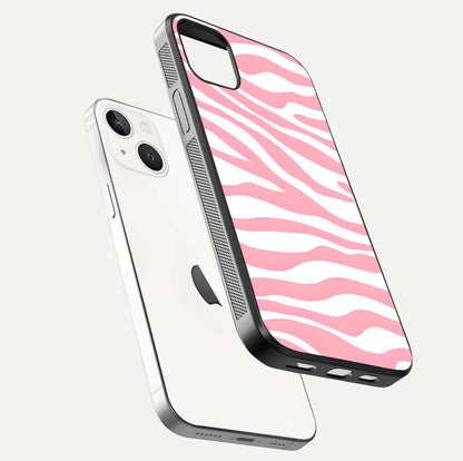Blush Zebra Flow iPhone 14 Plus glass phone case floating view emphasizing premium glossy surface and dynamic design