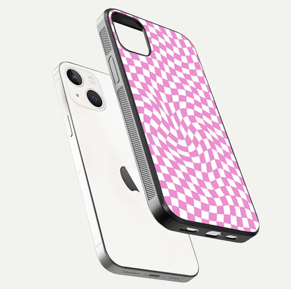 Bubblegum Check Wave iPhone 14 Plus glass phone case floating view emphasizing premium glass finish and vibrant design