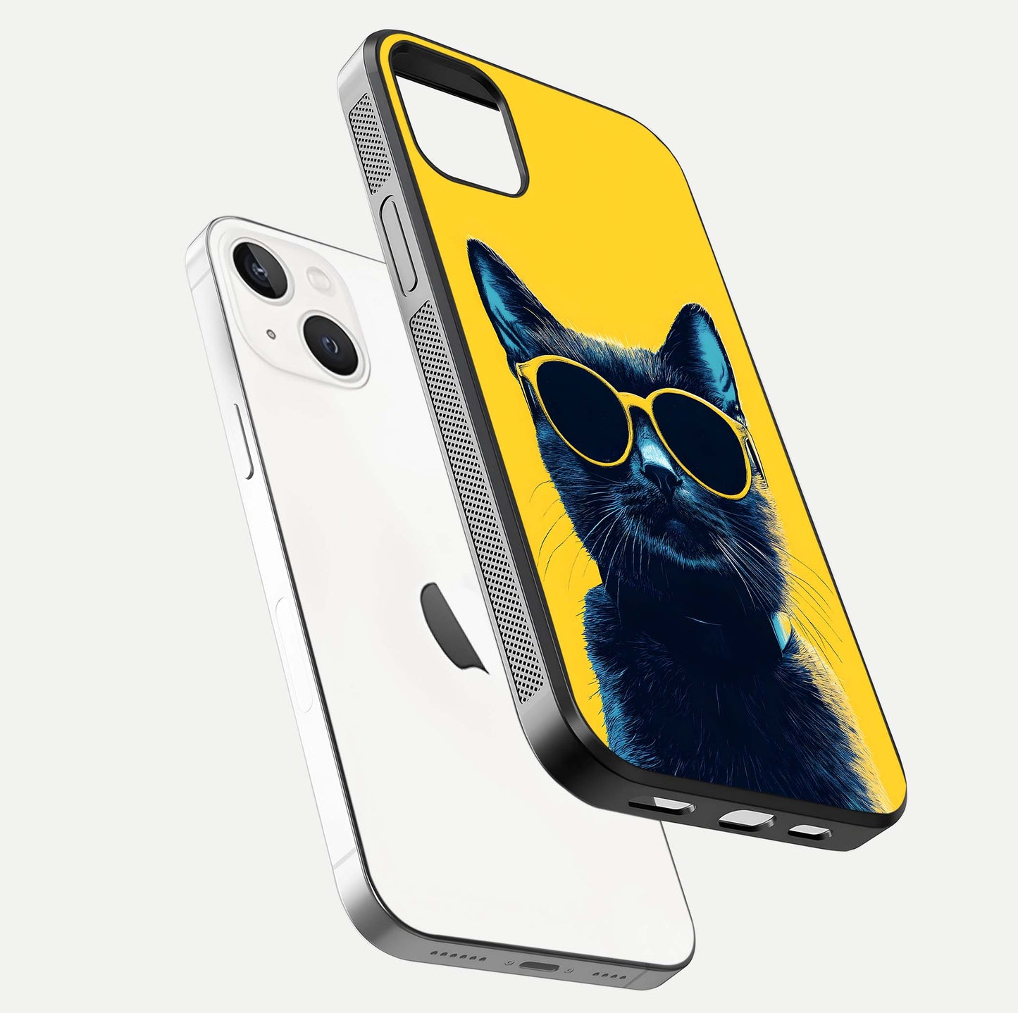 Cool Cat Vibes iPhone 14 Plus glass phone case floating view emphasizing glossy finish and fun cat vibe