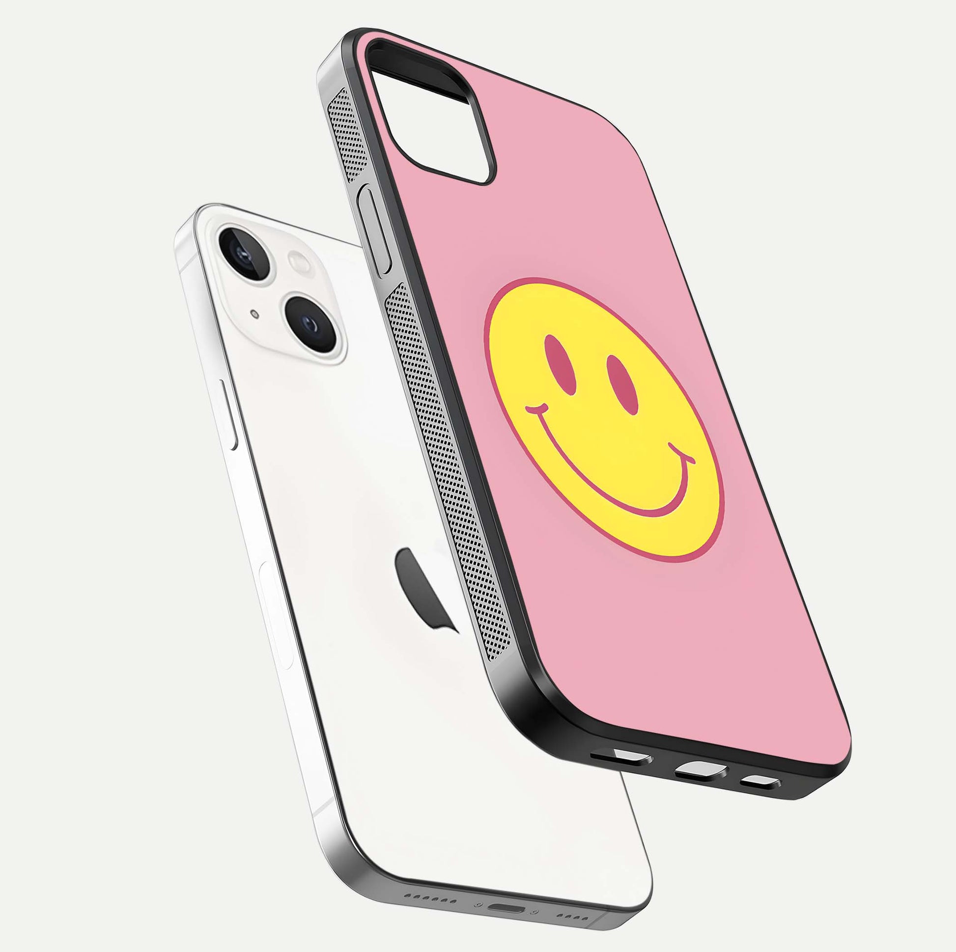 Happy Pink Mood iPhone 14 Plus glass phone case floating view emphasizing glossy finish and joyful color palette