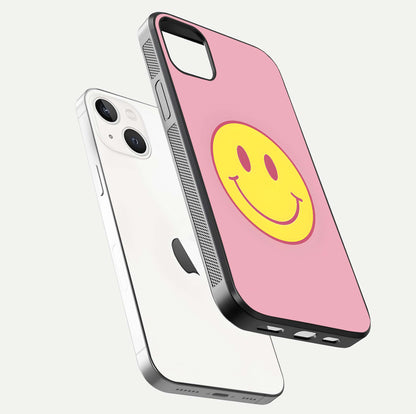 Happy Pink Mood iPhone 14 Plus glass phone case floating view emphasizing glossy finish and joyful color palette