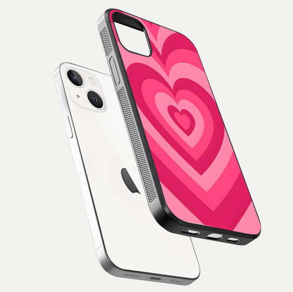 Layered Love Hearts iPhone 14 Plus glass phone case floating view emphasizing glossy surface and layered heart details