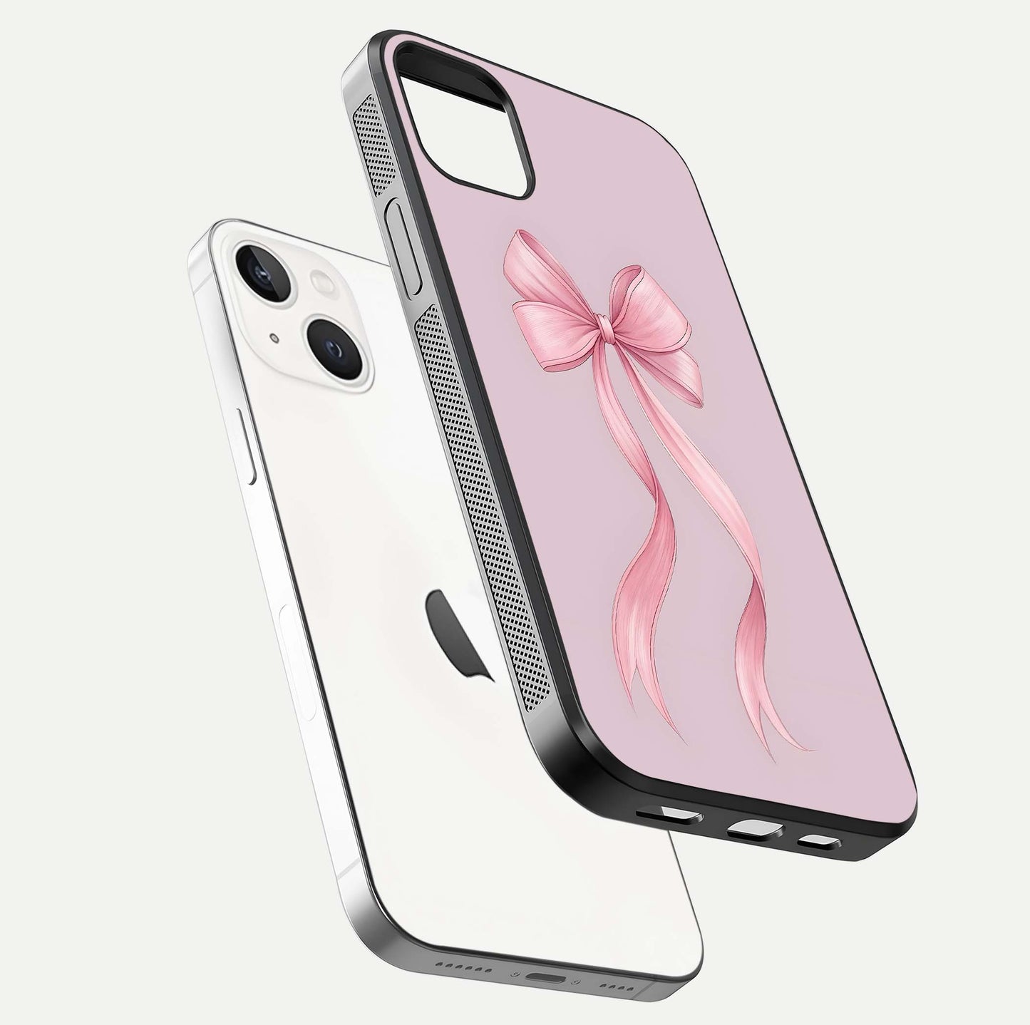 Soft Blush Bow iPhone 14 Plus glass phone case floating view emphasizing glossy surface and soft feminine styling