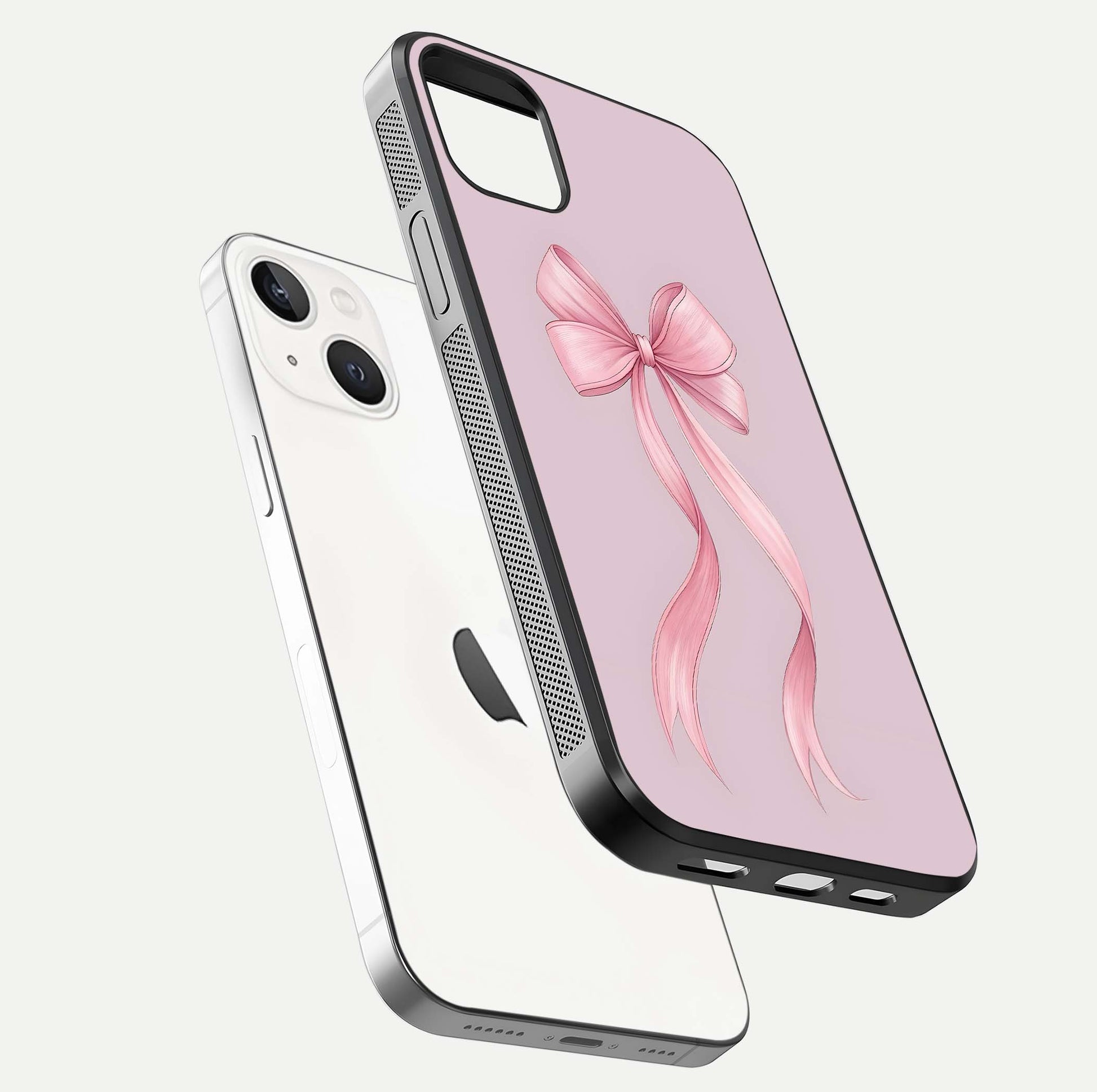 Soft Blush Bow iPhone 14 Plus glass phone case floating view emphasizing glossy surface and soft feminine styling