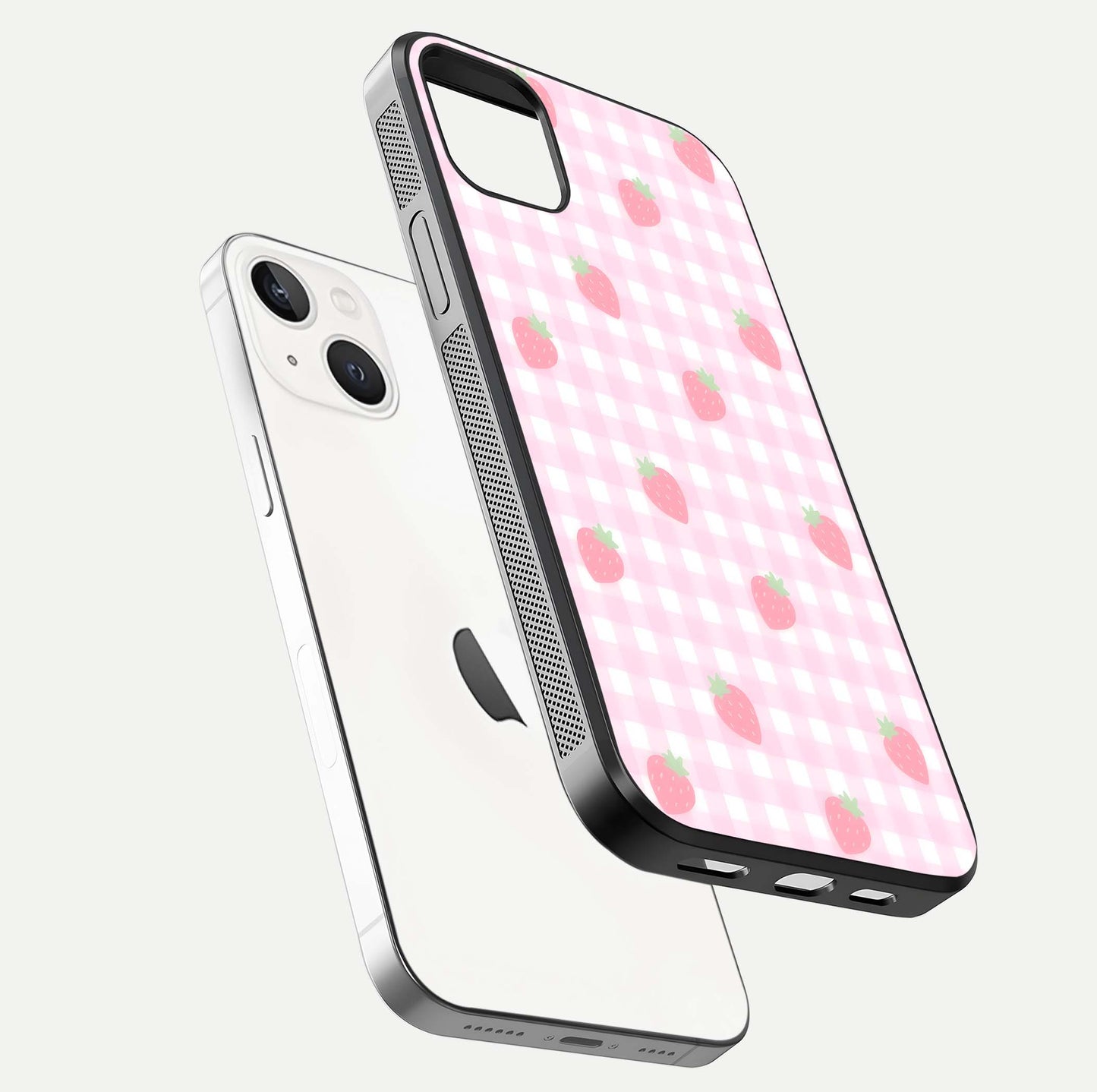 Strawberry Picnic Love iPhone 14 Plus glass phone case floating view emphasizing glossy finish and playful charm