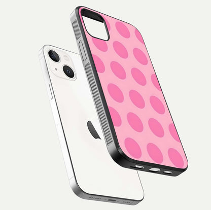 Sweet Dot Dreams iPhone 14 Plus glass phone case floating view emphasizing glossy surface and soft playful styling