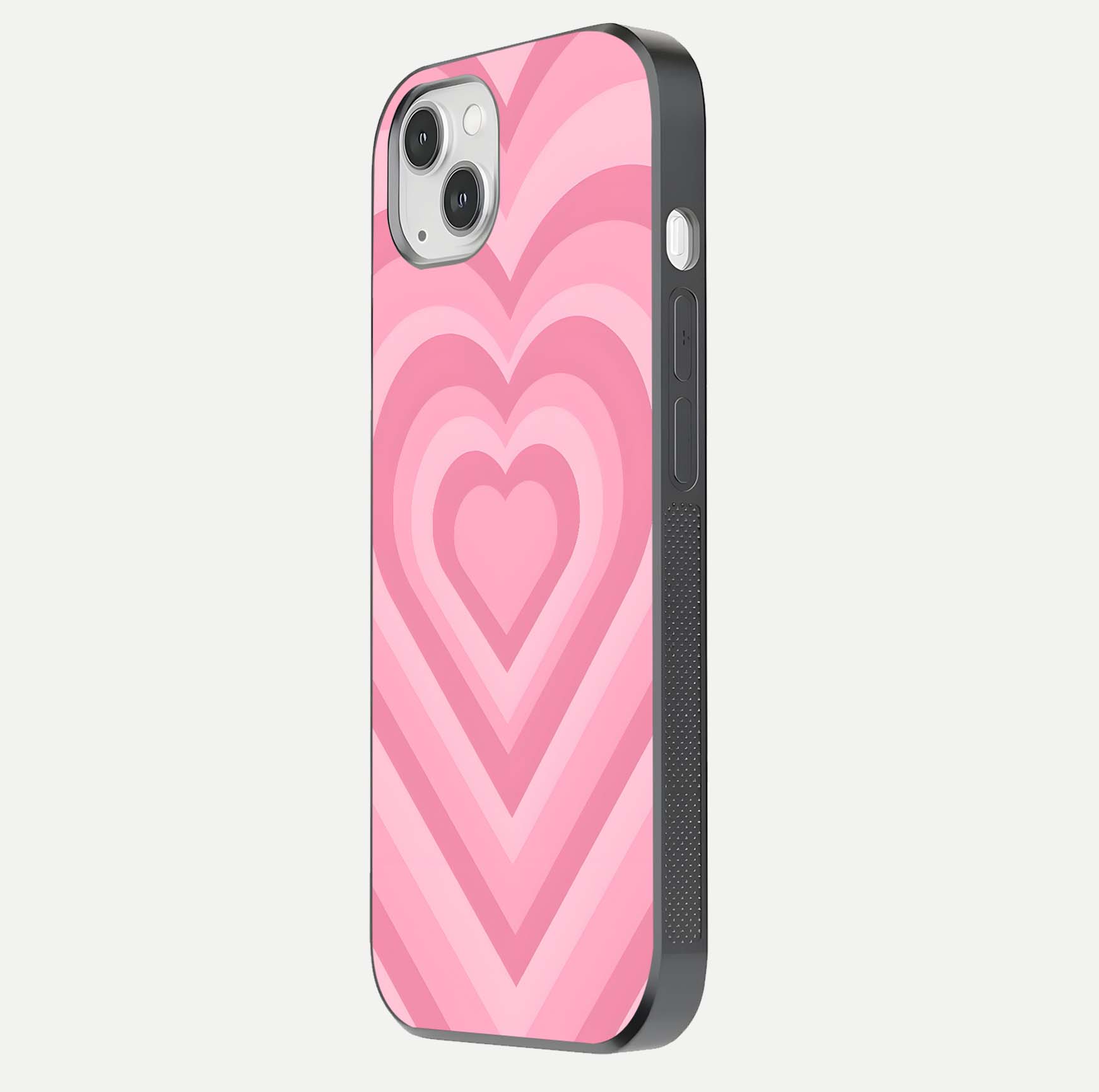 Blush Heart Waves iPhone 14 Plus glass phone case side profile view focusing on smooth edges and elegant wrap