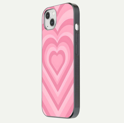 Blush Heart Waves iPhone 14 Plus glass phone case side profile view focusing on smooth edges and elegant wrap
