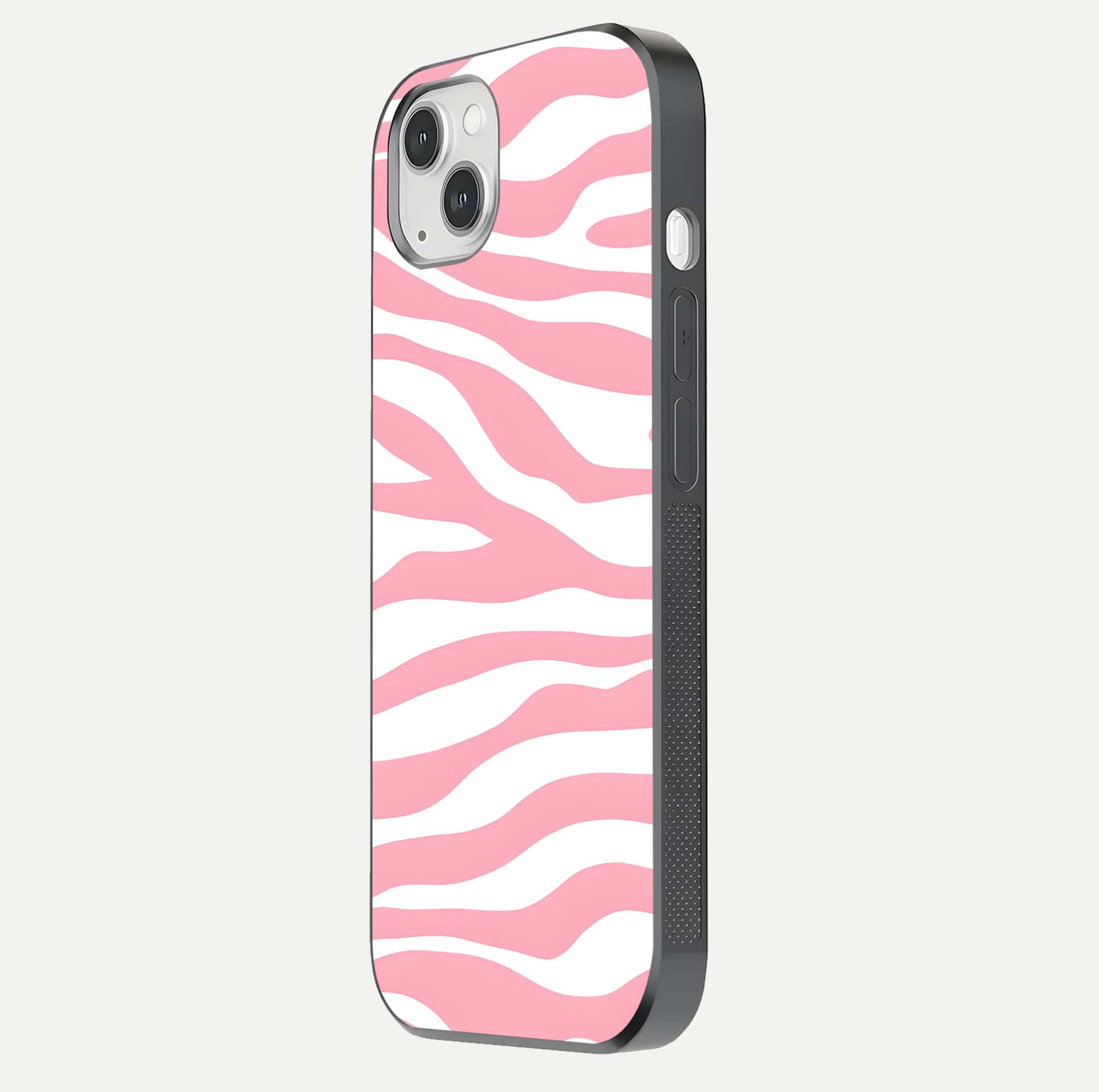 Blush Zebra Flow iPhone 14 Plus glass phone case side profile view focusing on sleek frame and seamless wrap