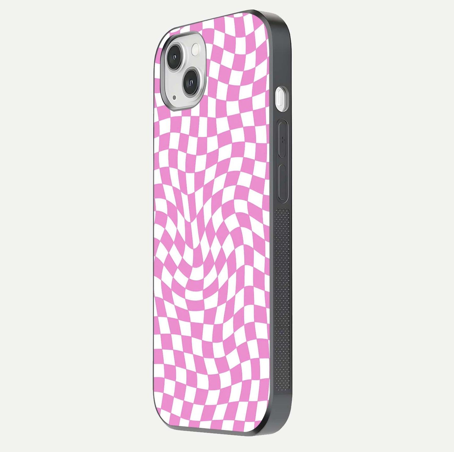 Bubblegum Check Wave iPhone 14 Plus glass phone case side profile view focusing on smooth edges and seamless wrap