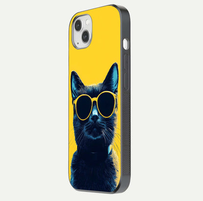 Cool Cat Vibes iPhone 14 Plus glass phone case side profile view focusing on sleek edges and seamless wrap