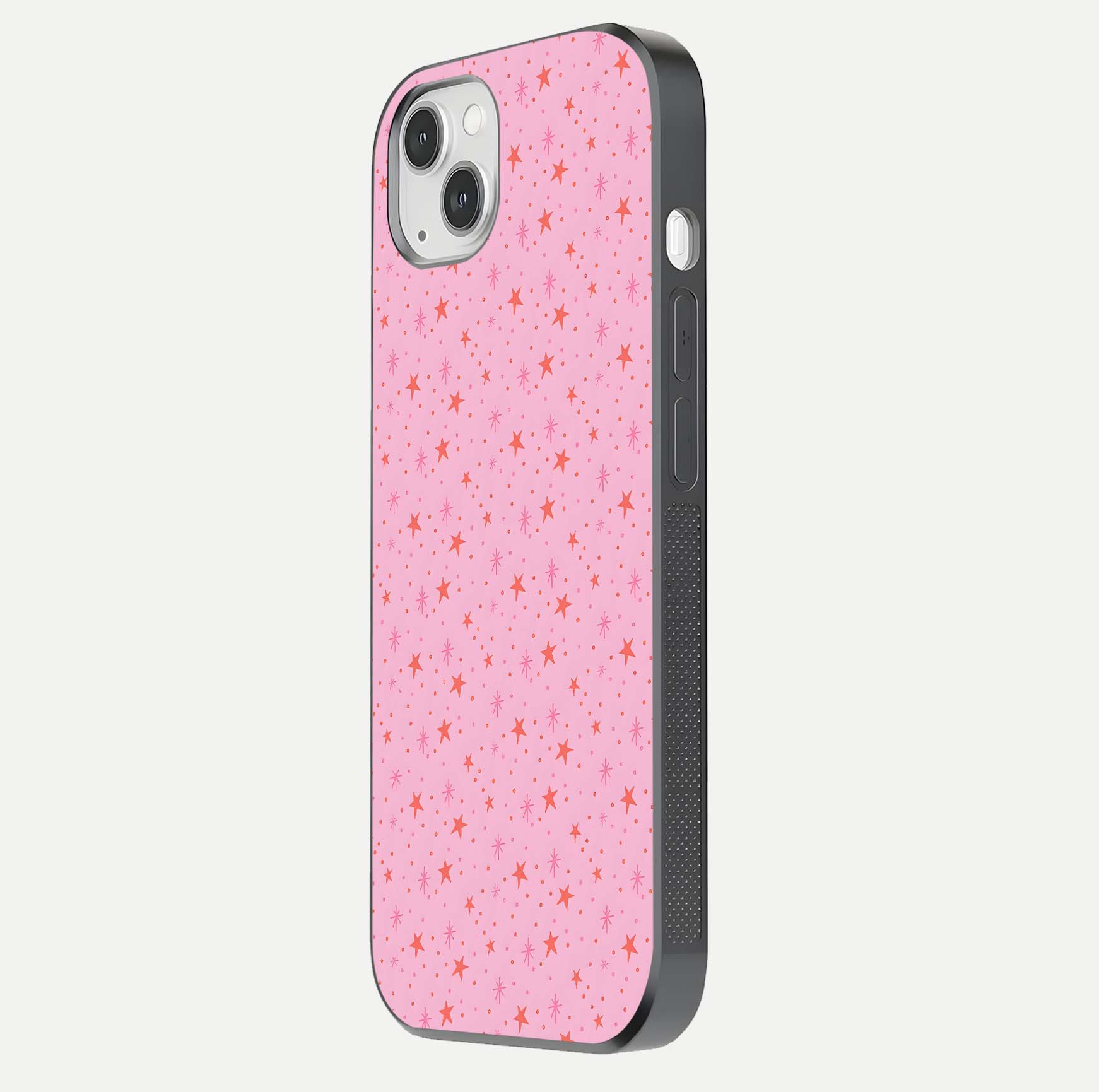 Cosmic Pink Sparkle iPhone 14 Plus glass phone case side profile view focusing on sleek edges and seamless wrap