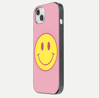 Happy Pink Mood iPhone 14 Plus glass phone case side profile view focusing on smooth frame and clean wrap