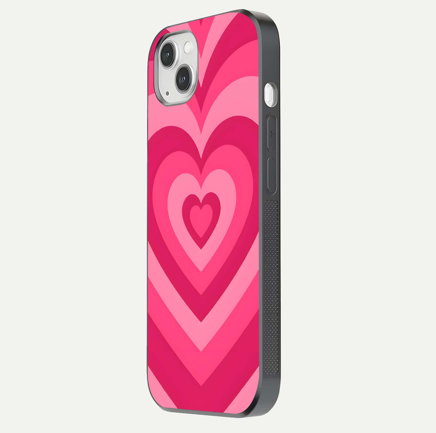 Layered Love Hearts iPhone 14 Plus glass phone case side profile view focusing on sleek edges and seamless wrap