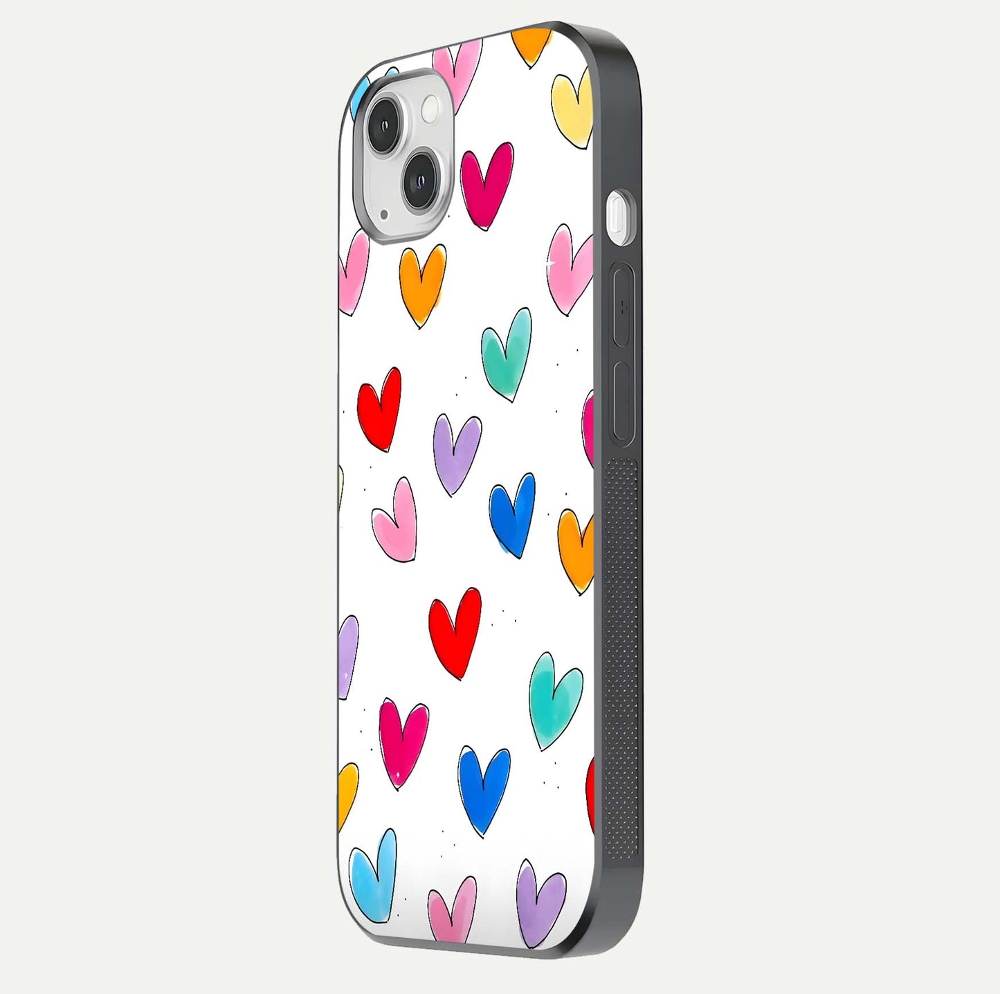 Playful Love Doodles iPhone 14 Plus glass phone case side profile view focusing on smooth frame and seamless wrap