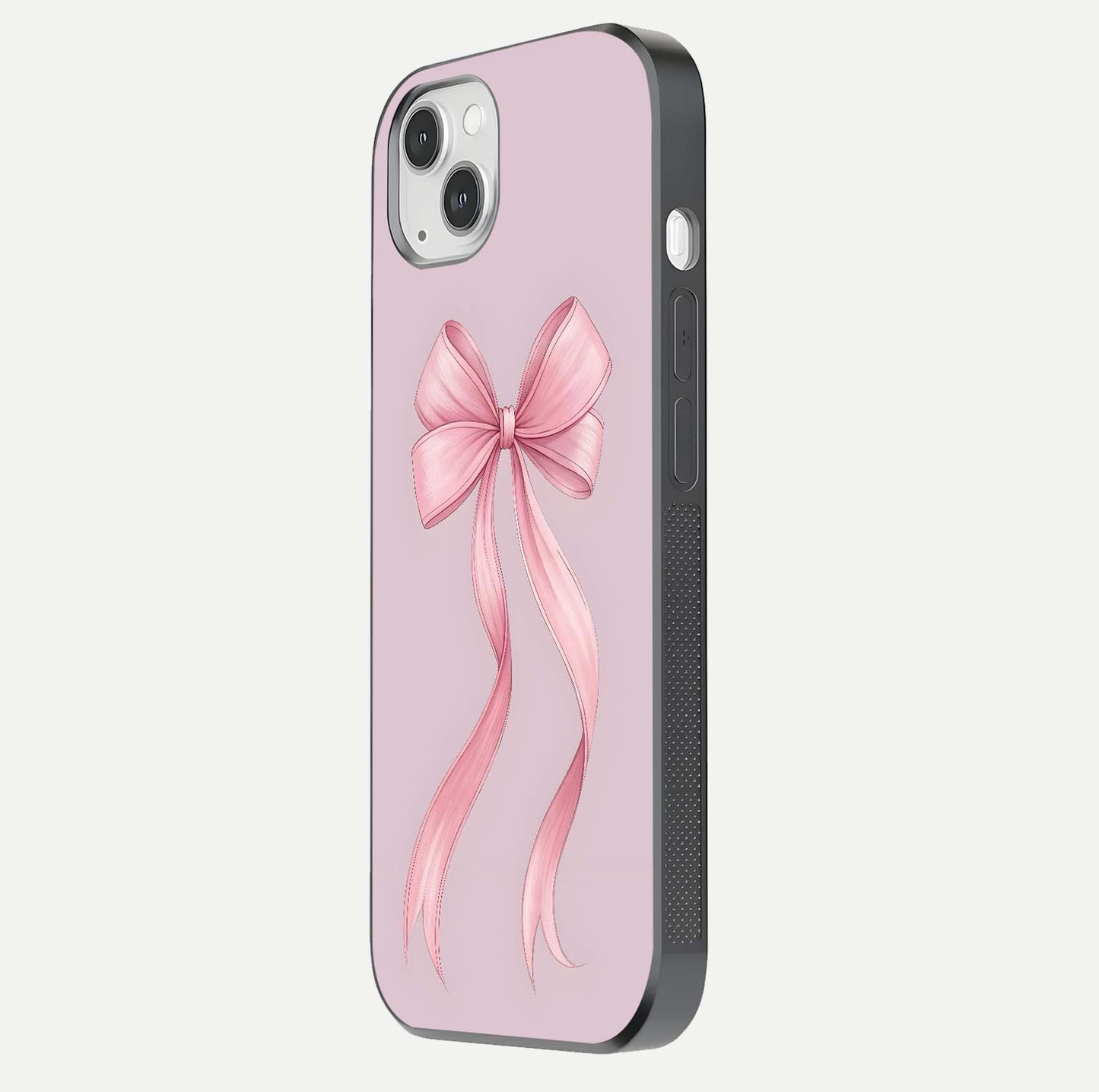 Soft Blush Bow iPhone 14 Plus glass phone case side profile view focusing on sleek edges and seamless wrap