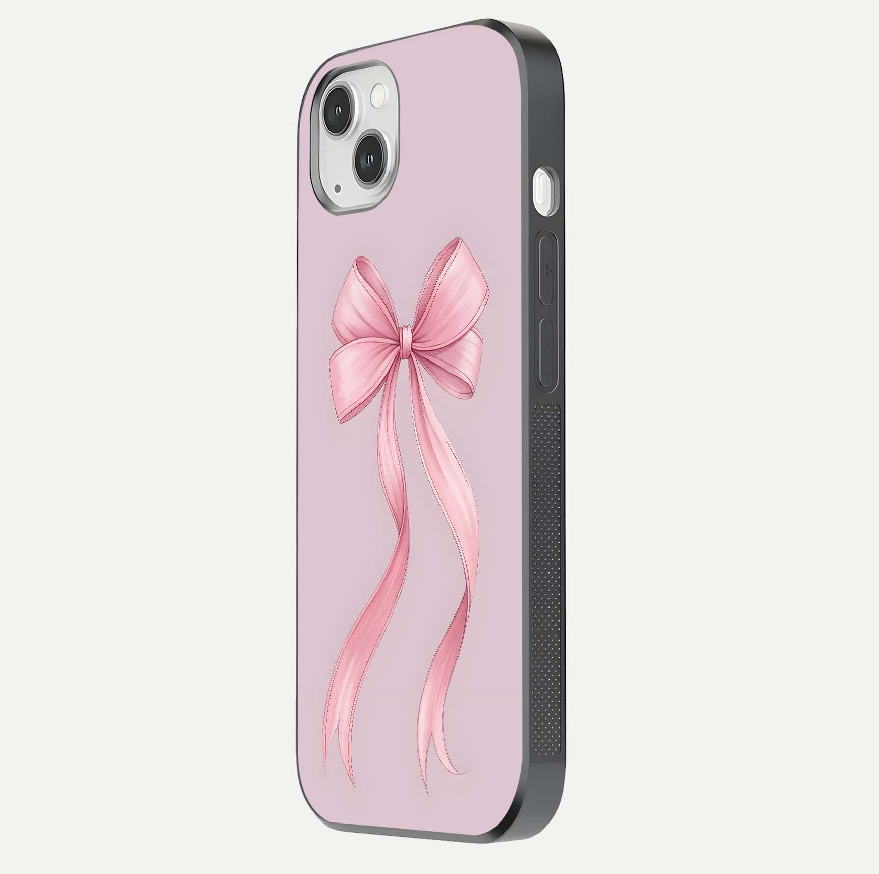 Soft Blush Bow iPhone 14 Plus glass phone case side profile view focusing on sleek edges and seamless wrap