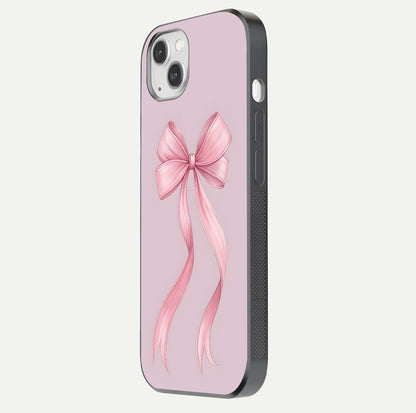 Soft Blush Bow iPhone 14 Plus glass phone case side profile view focusing on sleek edges and seamless wrap
